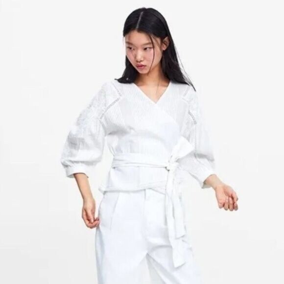 ZARA Cotton Linen Blend Boho Floral Embroidery Wrap Top Sz S - Picture 1 of 13